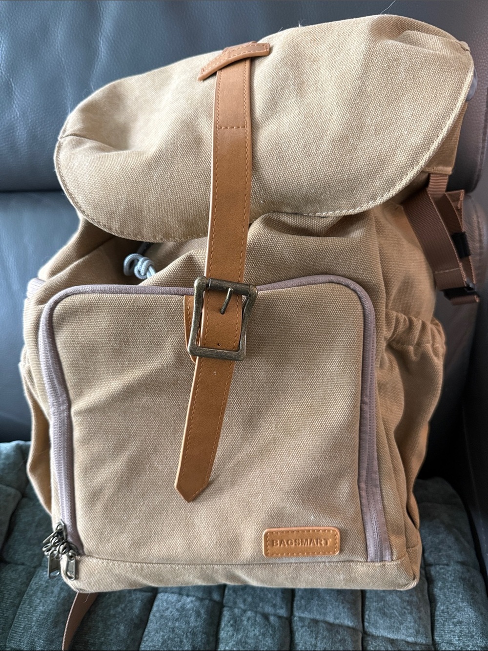 Bagsmart Tan Canvas Backpack with Leather Strap